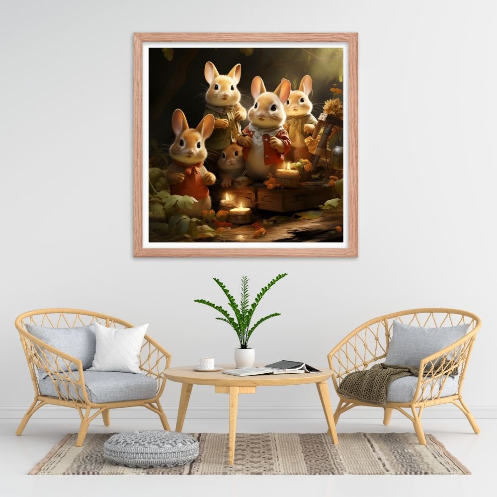 Bunny Garden Party Framed Poster displayed in a whimsical setting