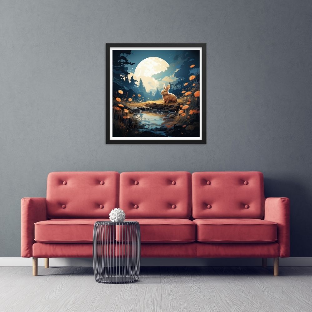 Moonlit Meadow Bunny Framed Poster displayed in an enchanting setting