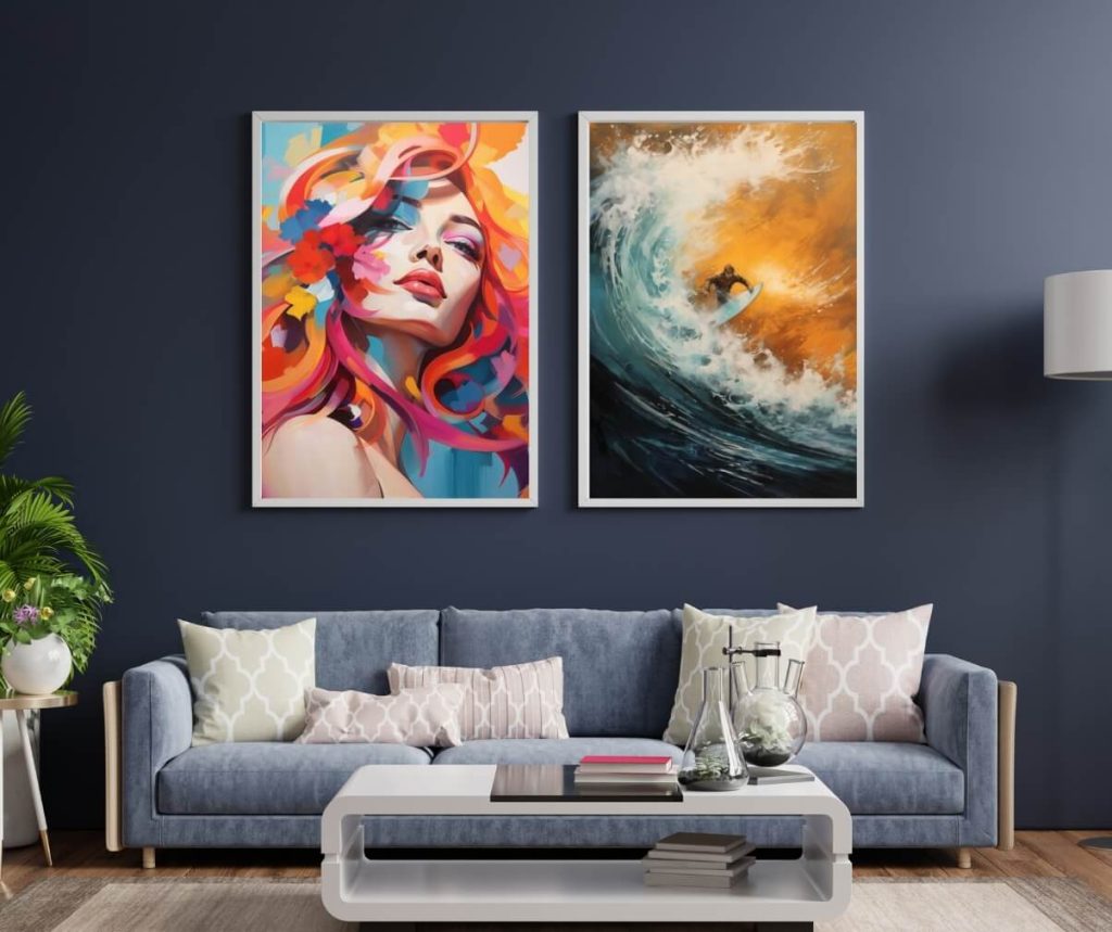 Mizzlee Art Gallery - Modern framed art prints displayed on a living room wall. Shop for unique artwork on canvas prints, t-shirts, mugs, and more